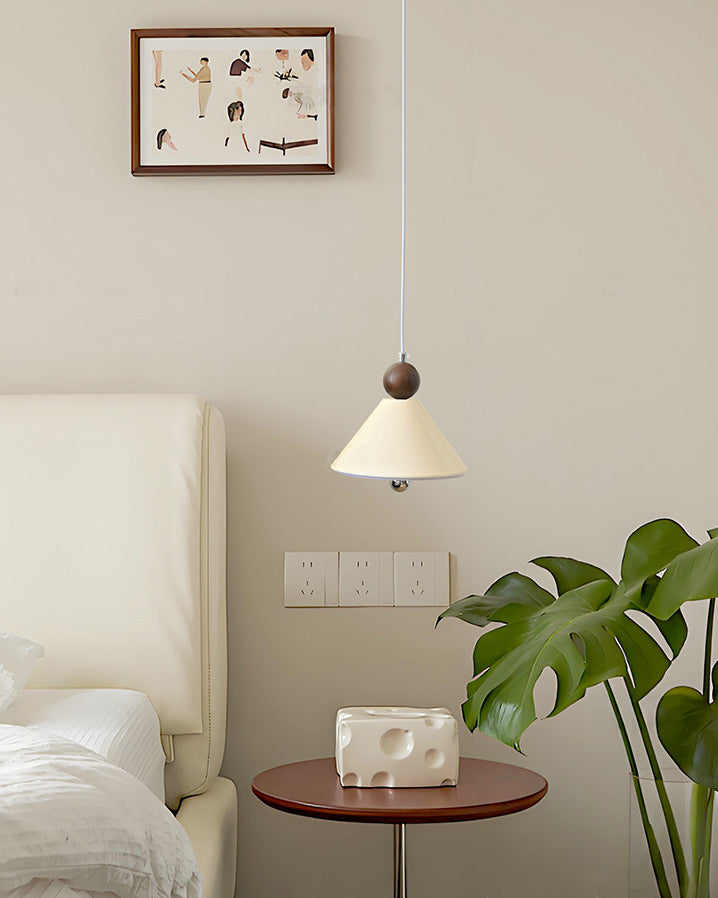 Cone Pendant Light with Wood and Metal Accents, Scandi Bedside Design