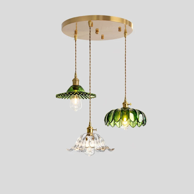Vintage Green Glass Pendant Light with Flower Detail, Linear or Disk