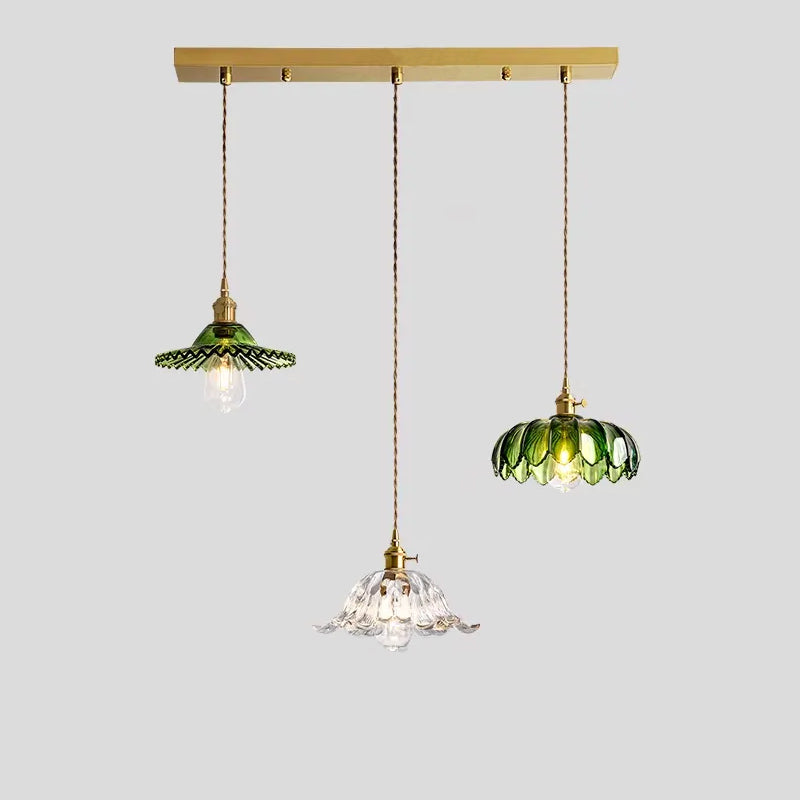 Vintage Green Glass Pendant Light with Flower Detail, Linear or Disk