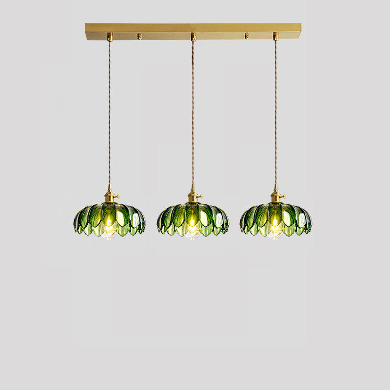 Vintage Green Glass Pendant Light with Flower Detail, Linear or Disk