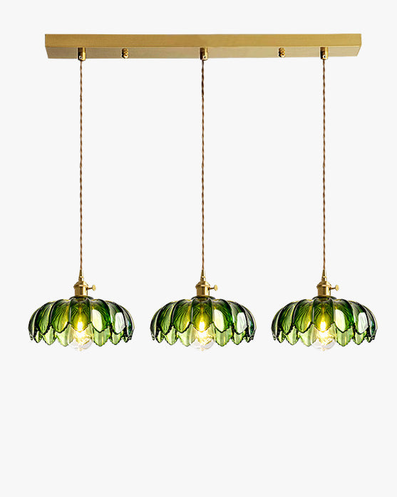 Vintage Green Glass Pendant Light with Flower Detail, Linear or Disk