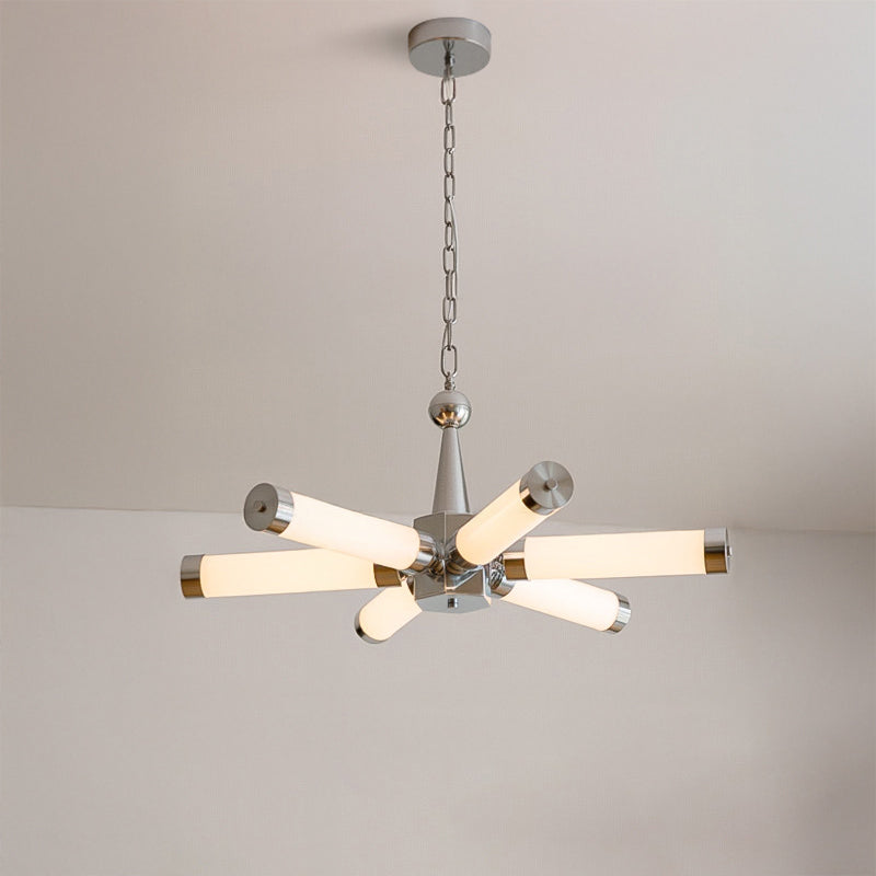 Chrome Starburst Tube Chandelier, 6-Light Dimmable with Remote