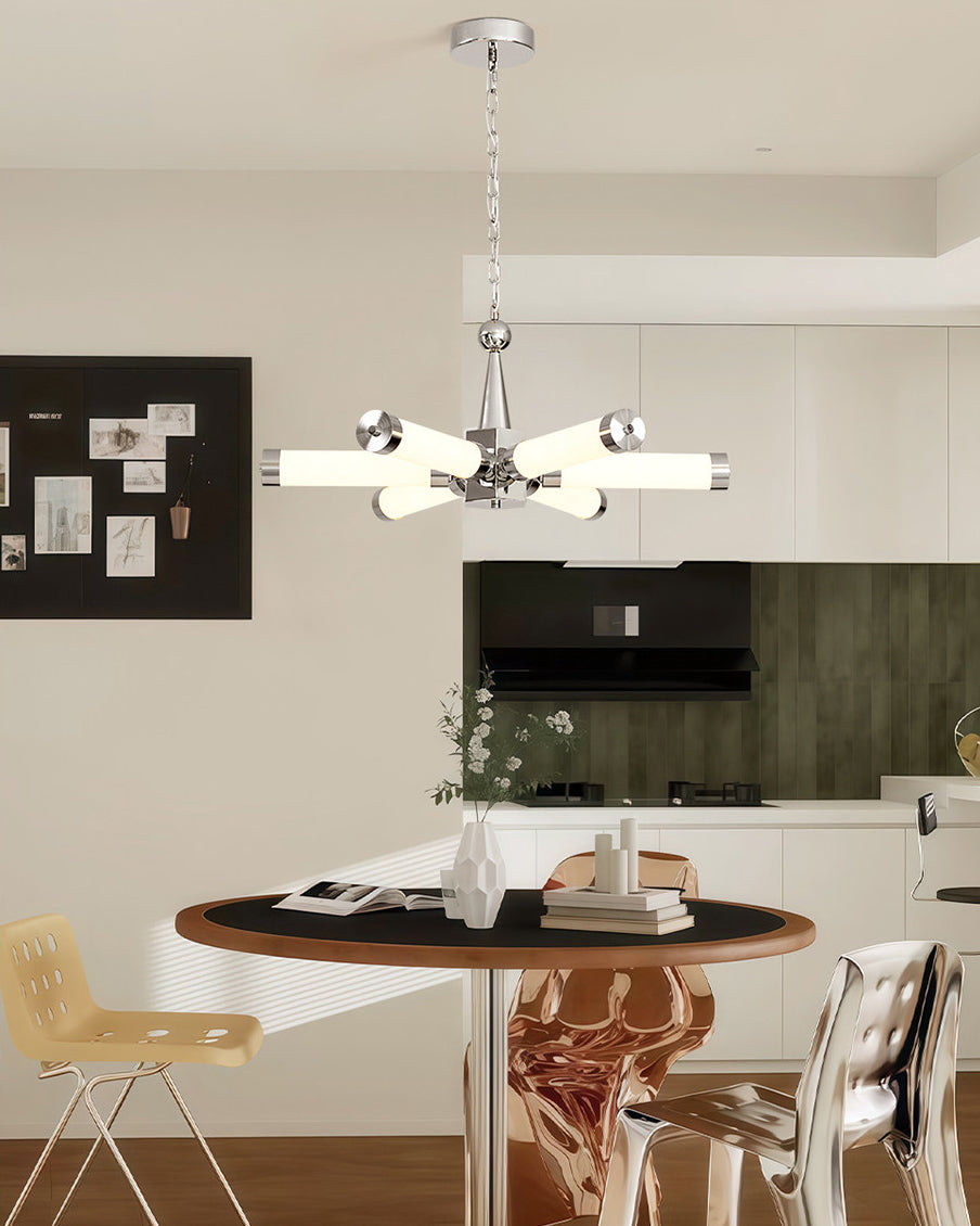 Chrome Starburst Tube Chandelier, 6-Light Dimmable with Remote