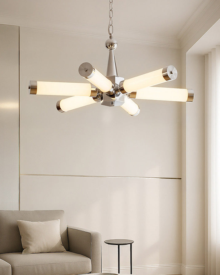 Chrome Starburst Tube Chandelier, 6-Light Dimmable with Remote