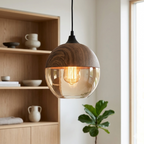 Scandi Tinted Glass Pendant Light with Wood-Effect Finish