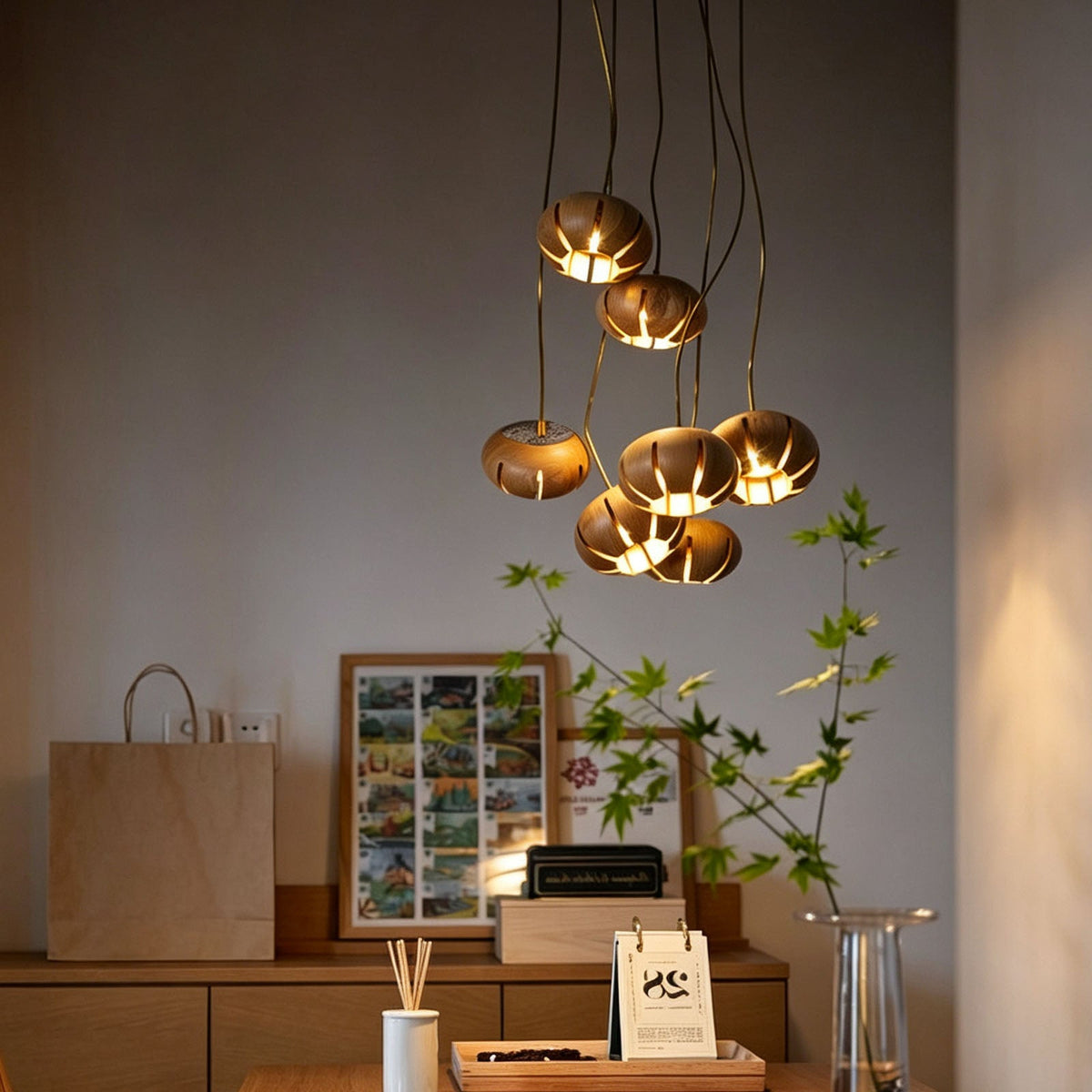 Wooden Cluster Chandelier with Multiple Lights, Warm White