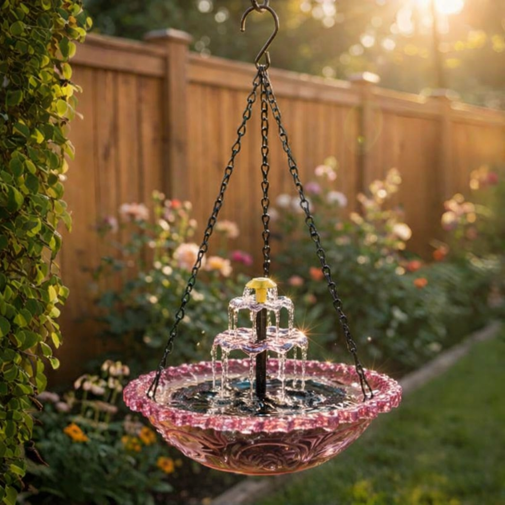 Solar Hanging Bird Bath Fountain, Two-Tier Glass and Metal
