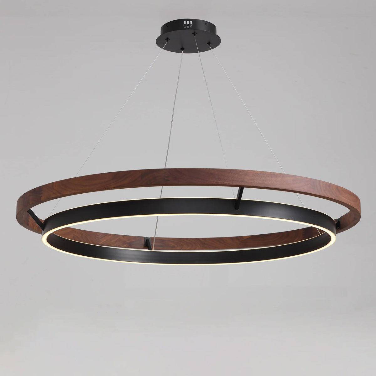 Circular Wood LED Chandelier with Black Ring, Weathered Oak or Walnut