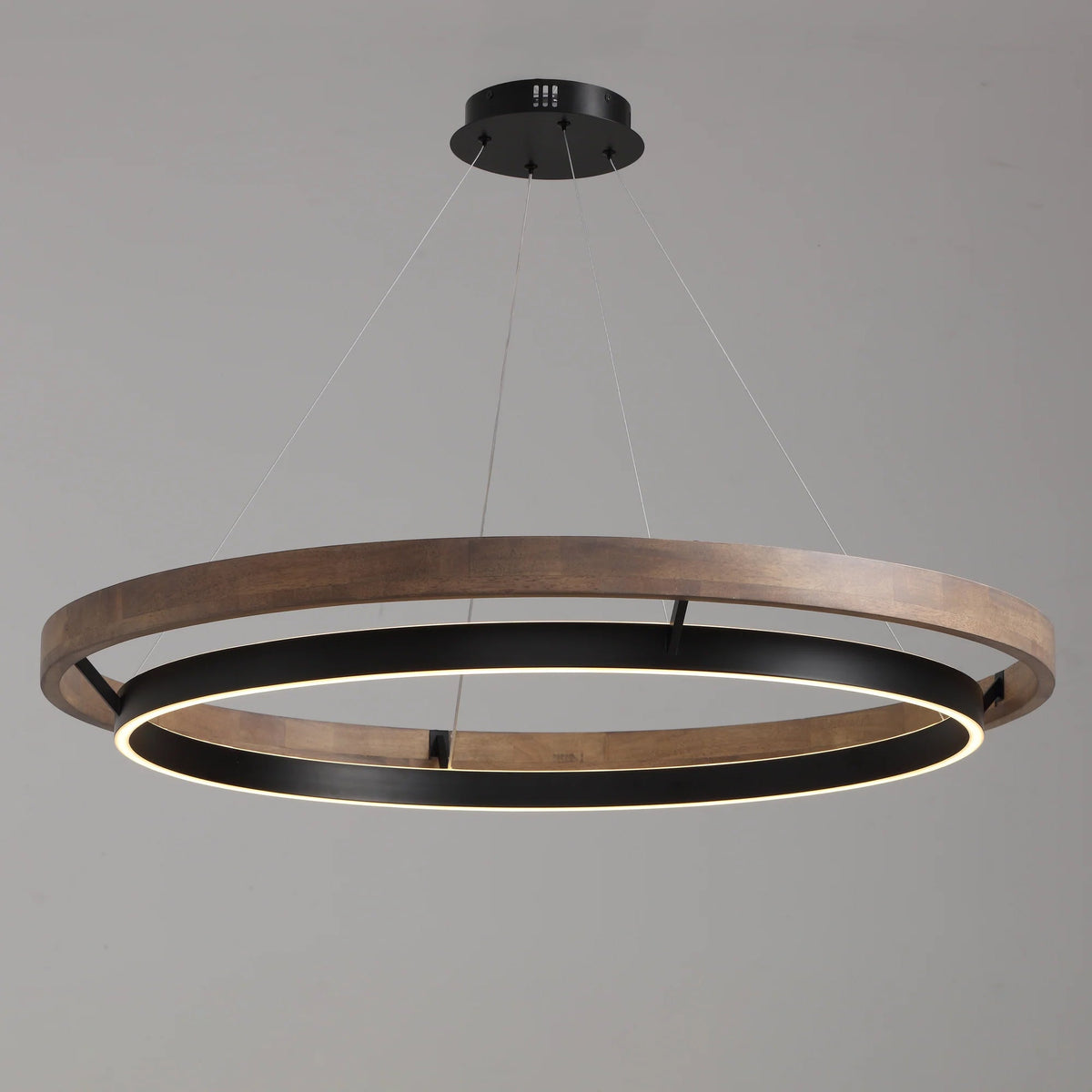 Circular Wood LED Chandelier with Black Ring, Weathered Oak or Walnut