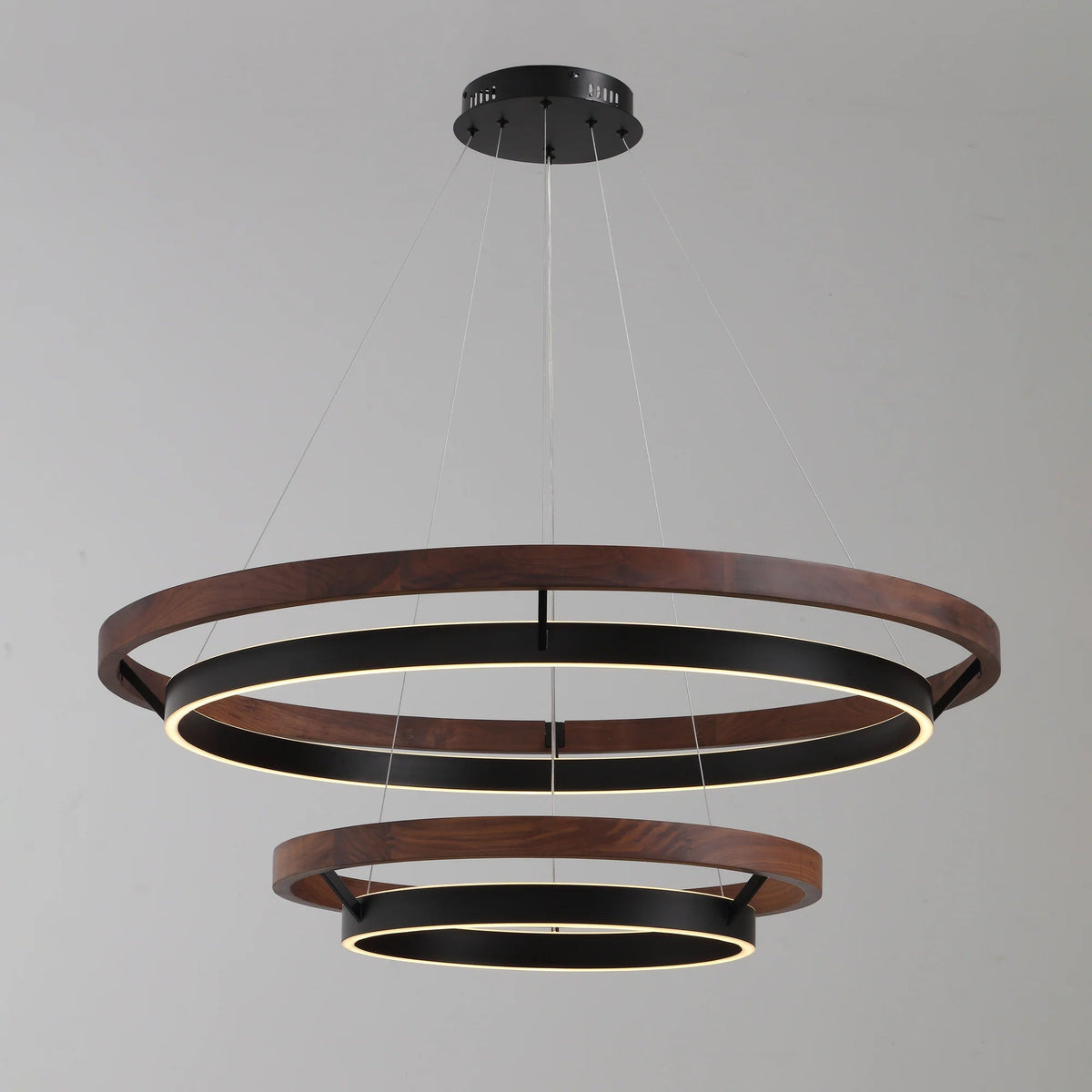 Circular Wood LED Chandelier with Black Ring, Weathered Oak or Walnut