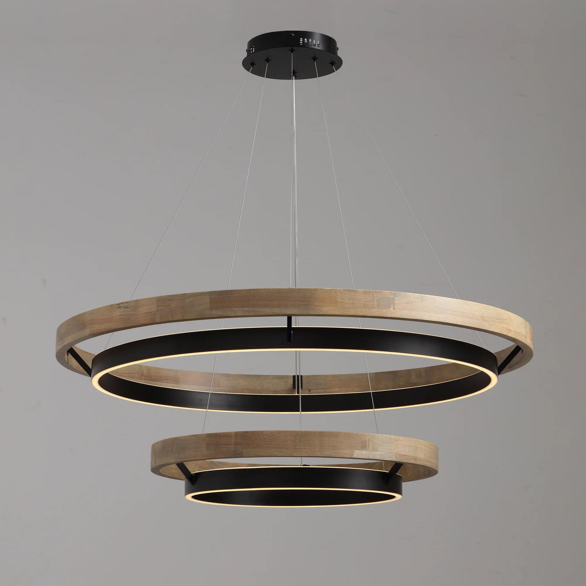 Circular Wood LED Chandelier with Black Ring, Weathered Oak or Walnut