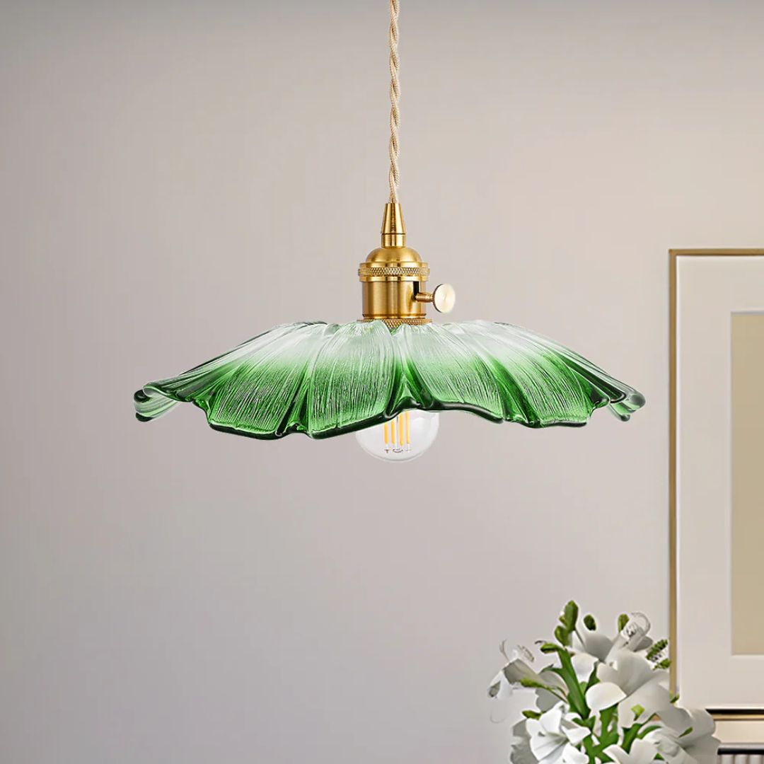 Ribbed Glass Flower Pendant Light with Gold-Tone Fitting