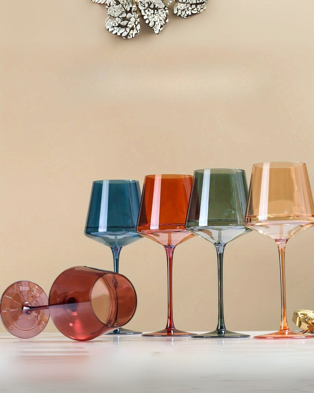 Hand-Blown Coloured Wine Glasses, Set of 6, Rainbow Tones