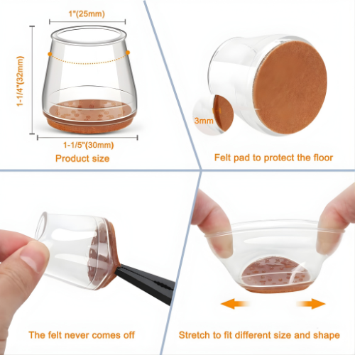 Silicone Chair Leg Protectors with Felt Base, 25-30mm, Clear