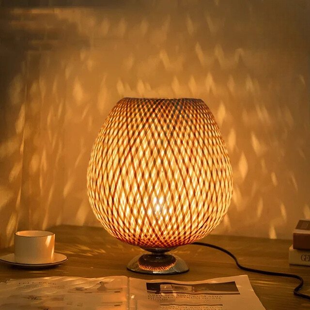 Handmade Bamboo Table Lamp with Wooden Base, Vintage Style
