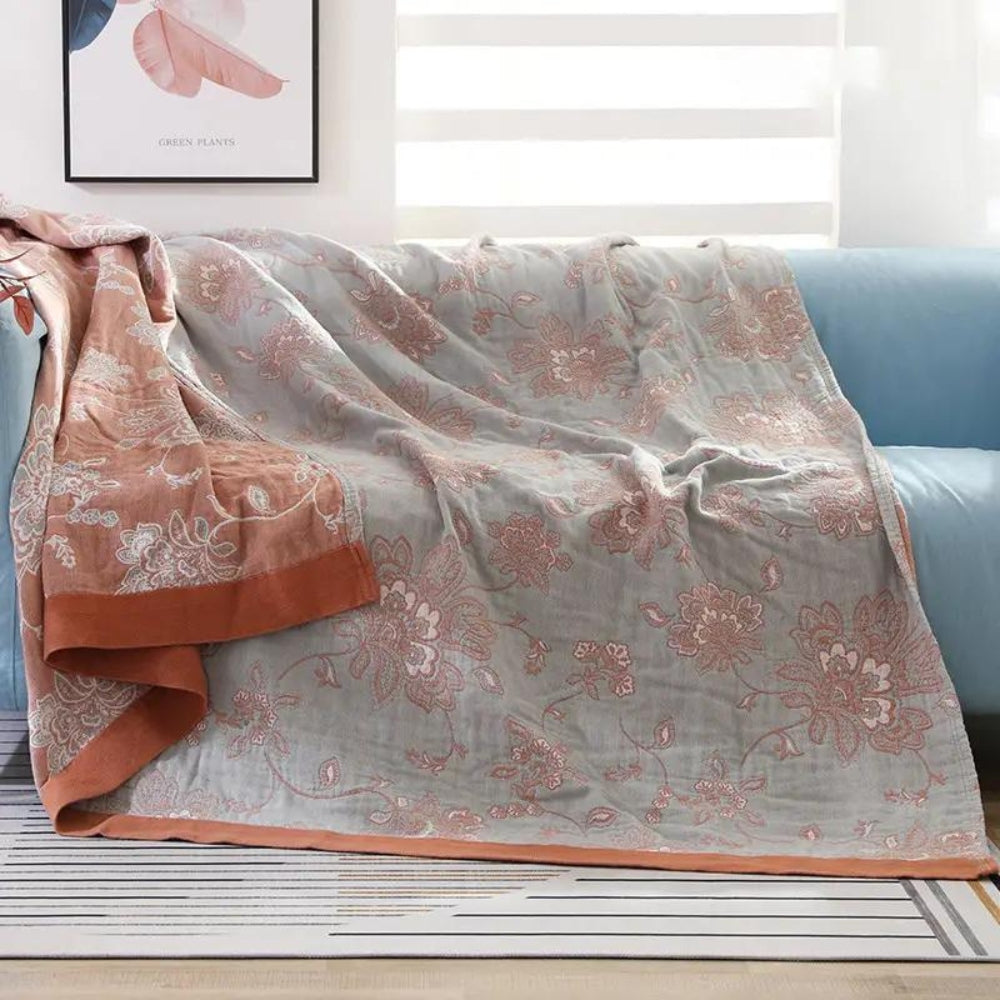 Cotton Gauze Summer Blanket with Jacquard Floral Pattern
