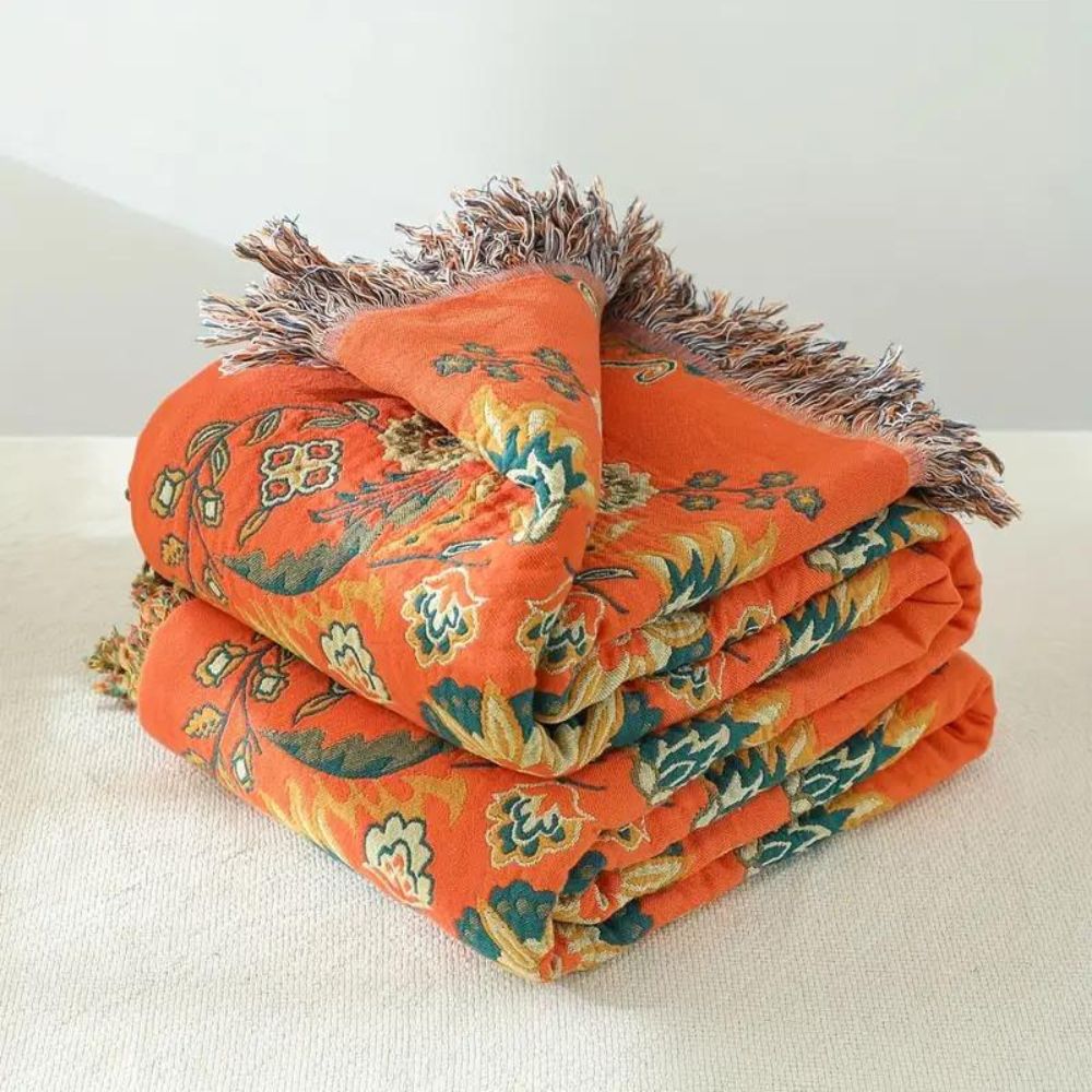Reversible Cotton Gauze Throw, Floral Orange and Turquoise