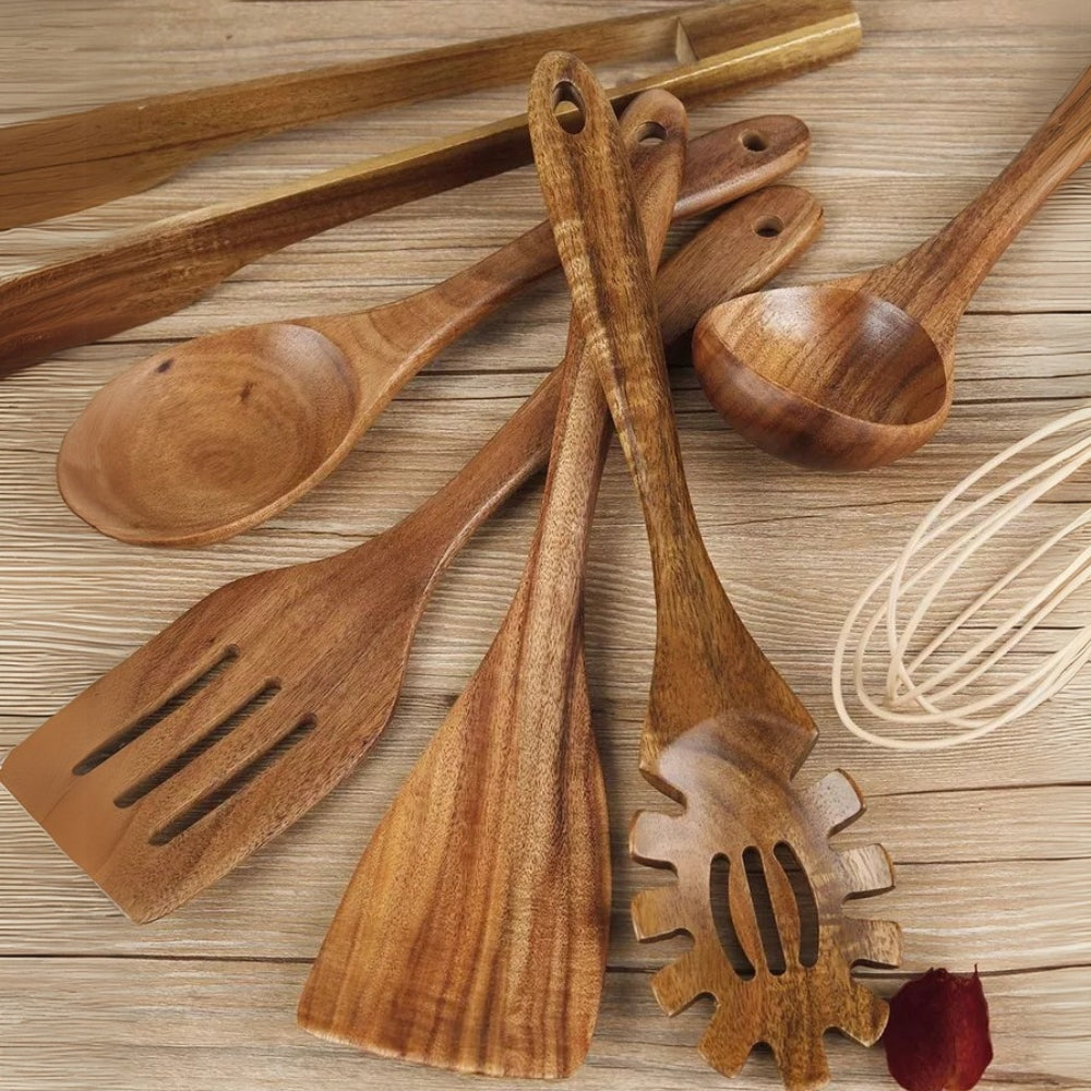 Beech Wood Kitchen Utensil Set of 7, Heat Resistant