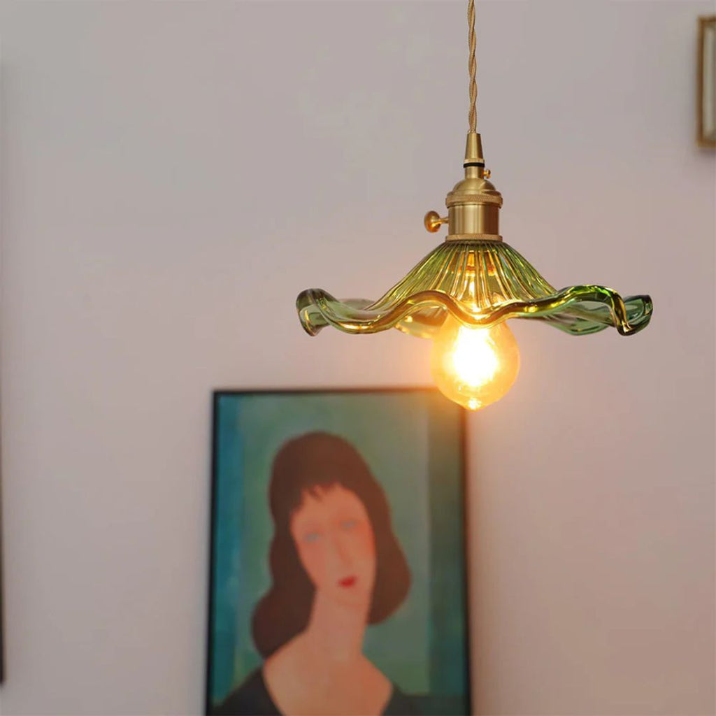 Green Glass Flower Pendant Light 23 cm with Brass Fitting