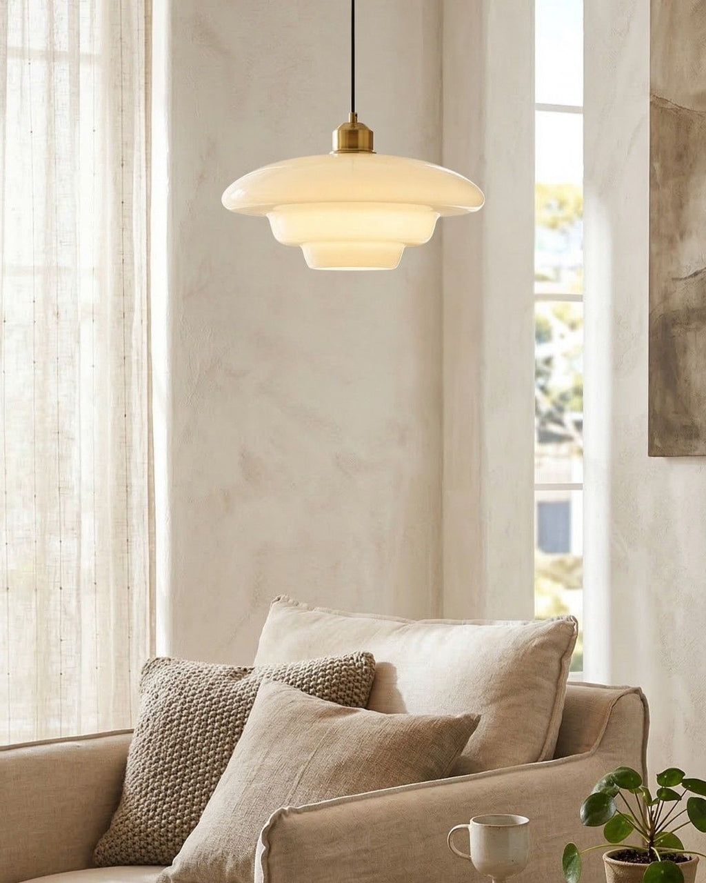 Opal White Glass Pendant Light with Brushed Brass, E27