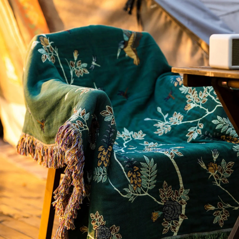 Layered Cotton Gauze Throw with Jacquard Weave and Tassels