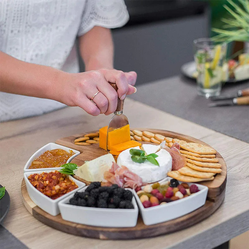 Acacia Wood Cheese Board Set with 4 Knives and 4 Bowls