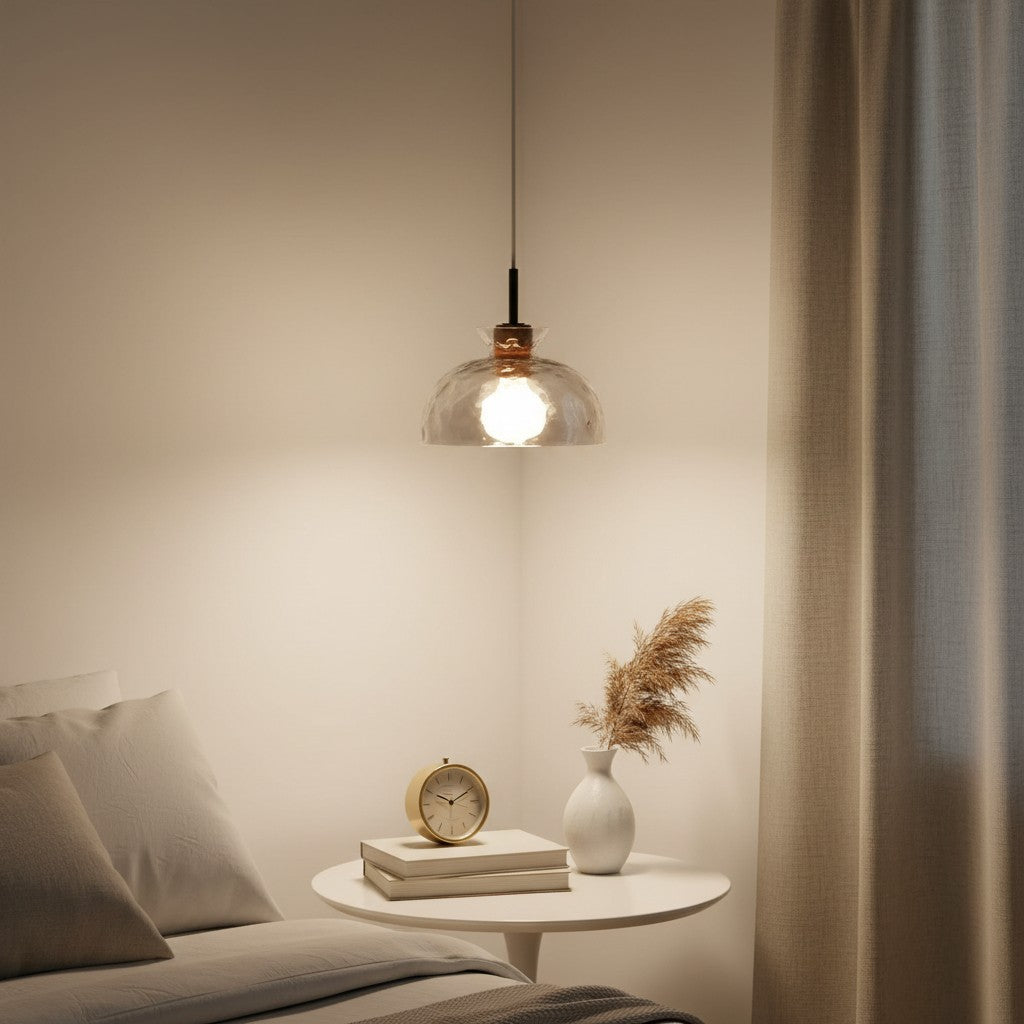 Hammered Clear Glass Dome Pendant Light with Wood Accents