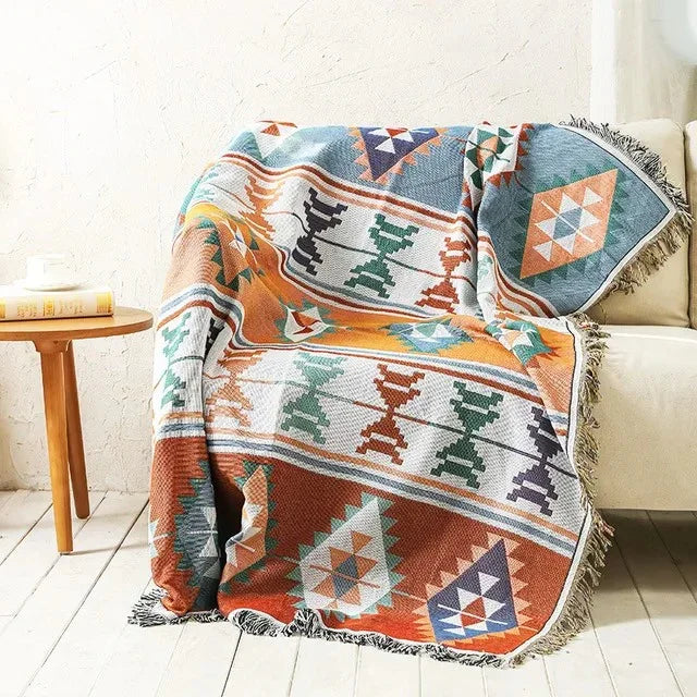 Jacquard Woven Throw with Plaited Fringes, 130 x 160 cm