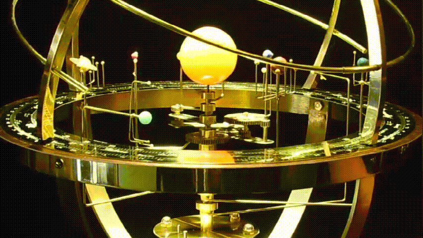 Mechanical Solar System Model with Gemstone Planets and Oak Base