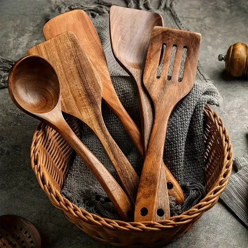 Solid Teak Kitchen Utensil Set, 5, 7 or 10 Pieces