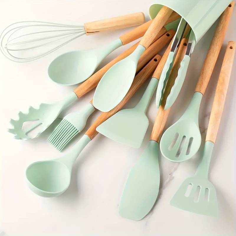 12-Piece Silicone Cooking Utensil Set, Wooden Handles, 230C