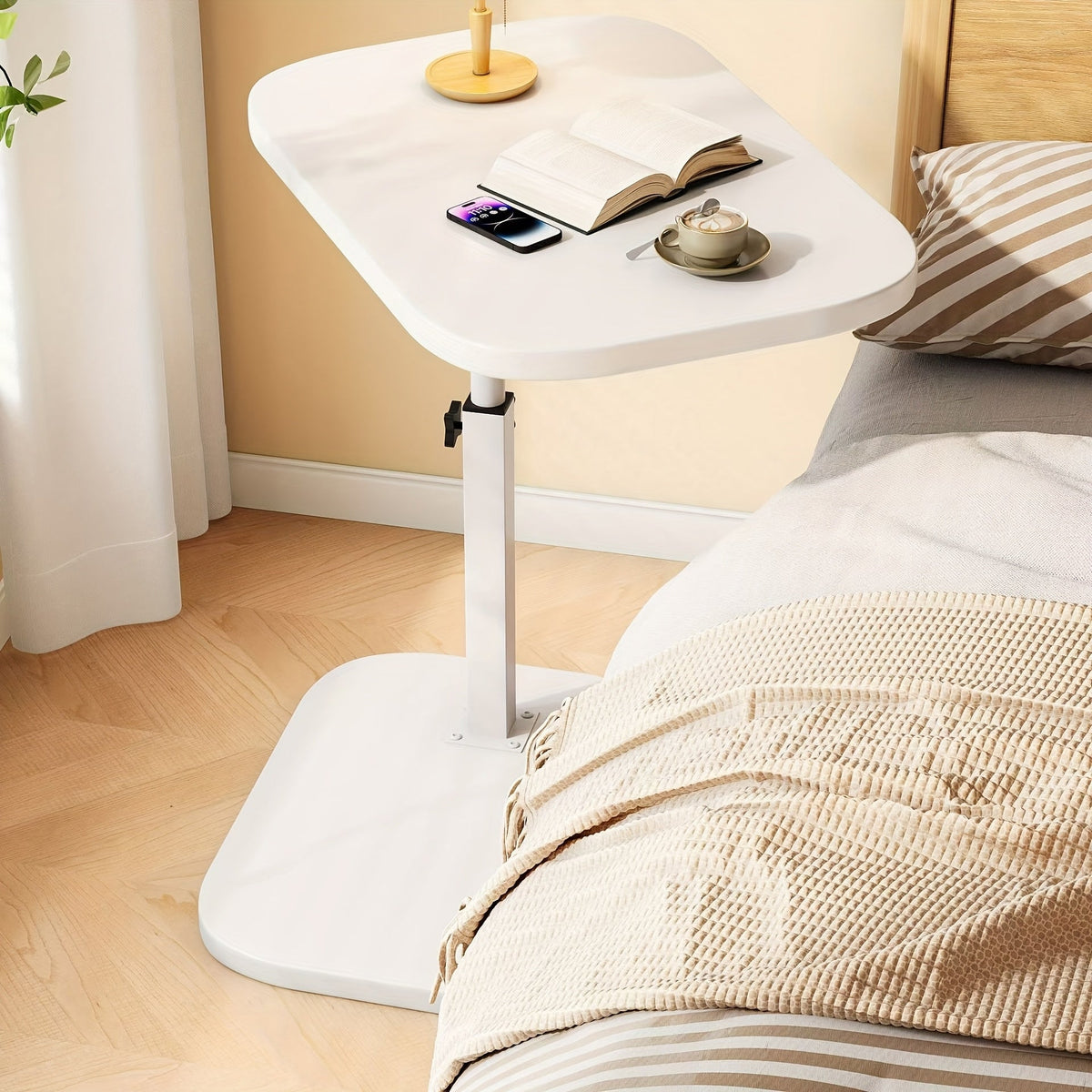 Height Adjustable Side Table for Sofa and Bed, Wood and Metal