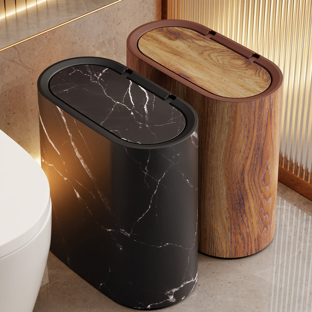 Oval Desk Bin with Lid, 29 x 29 x 14.5 cm, Marble Look