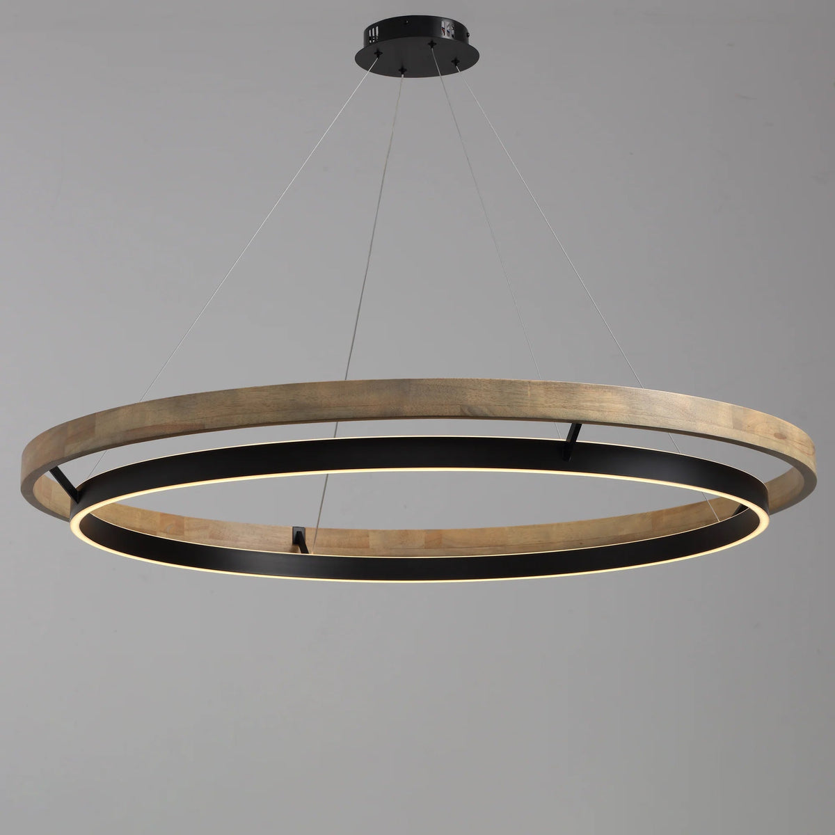 Circular Wood LED Chandelier with Black Ring, Weathered Oak or Walnut