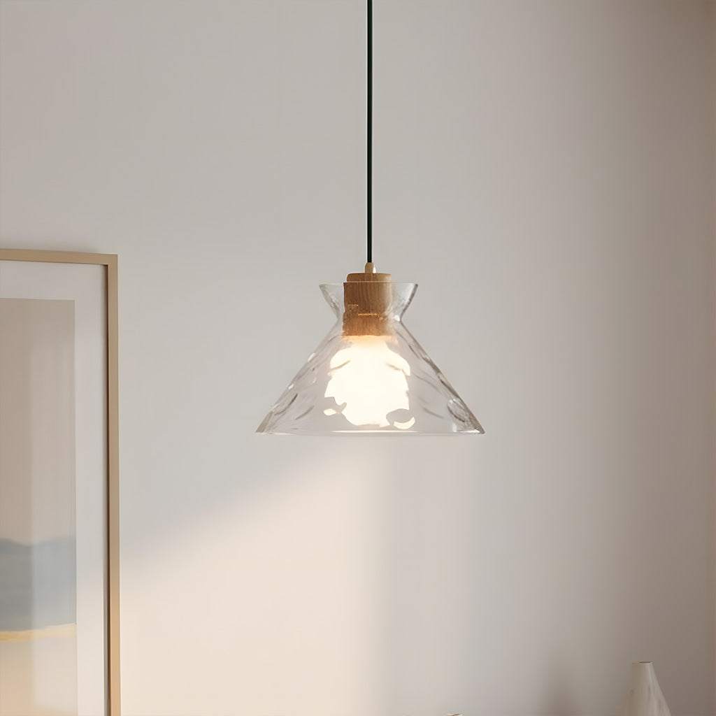 Hammered Clear Glass Dome Pendant Light with Wood Accents