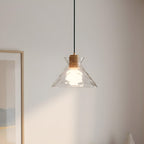 Hammered Clear Glass Dome Pendant Light with Wood Accents