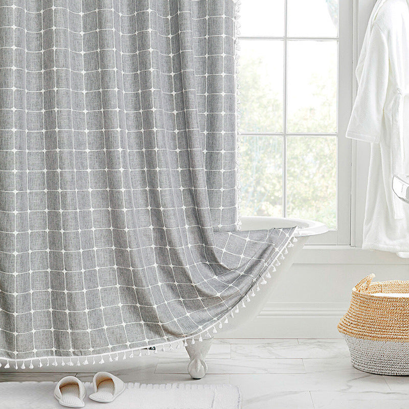 Boho Tasselled Shower Curtain, Waterproof Linen-Weave Jacquard