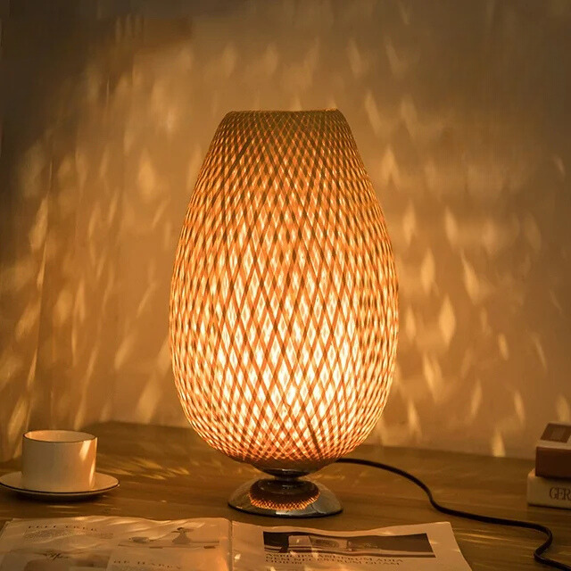 Handmade Bamboo Table Lamp with Wooden Base, Vintage Style