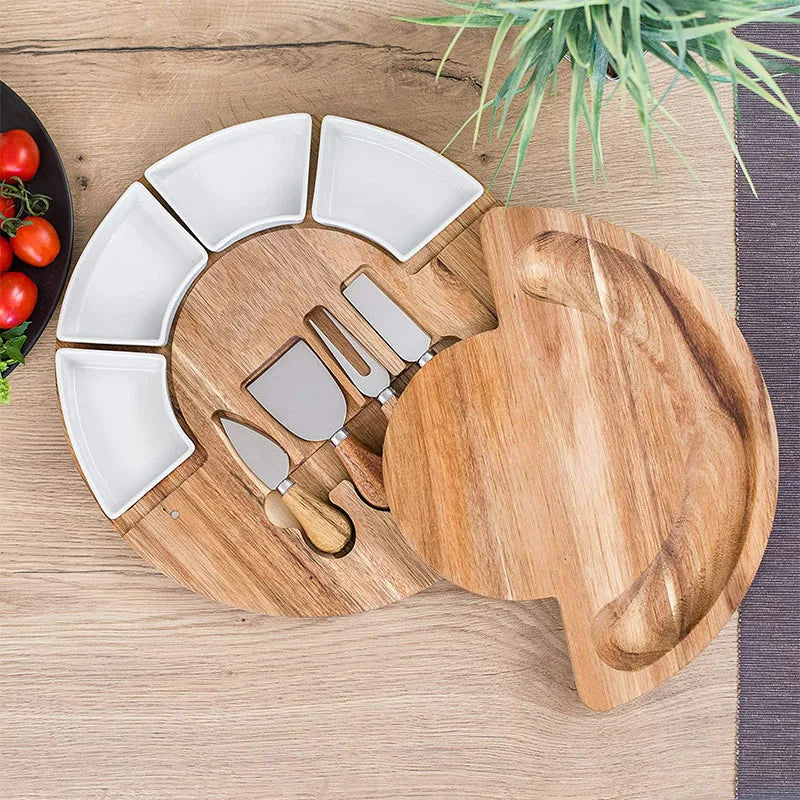 Acacia Wood Cheese Board Set with 4 Knives and 4 Bowls
