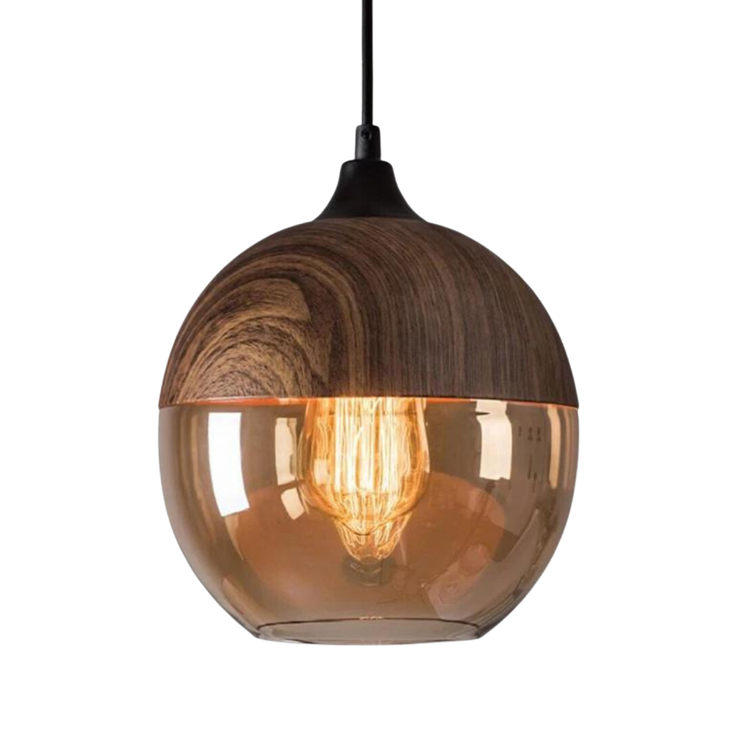 Tinted Glass Pendant Light with Wood Effect Metal, E27, 150 cm Cable