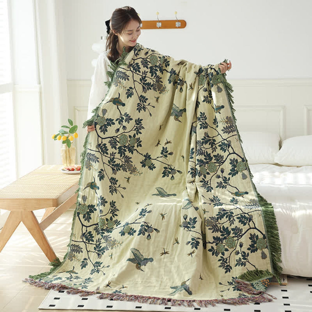Layered Cotton Gauze Throw with Jacquard Weave and Tassels
