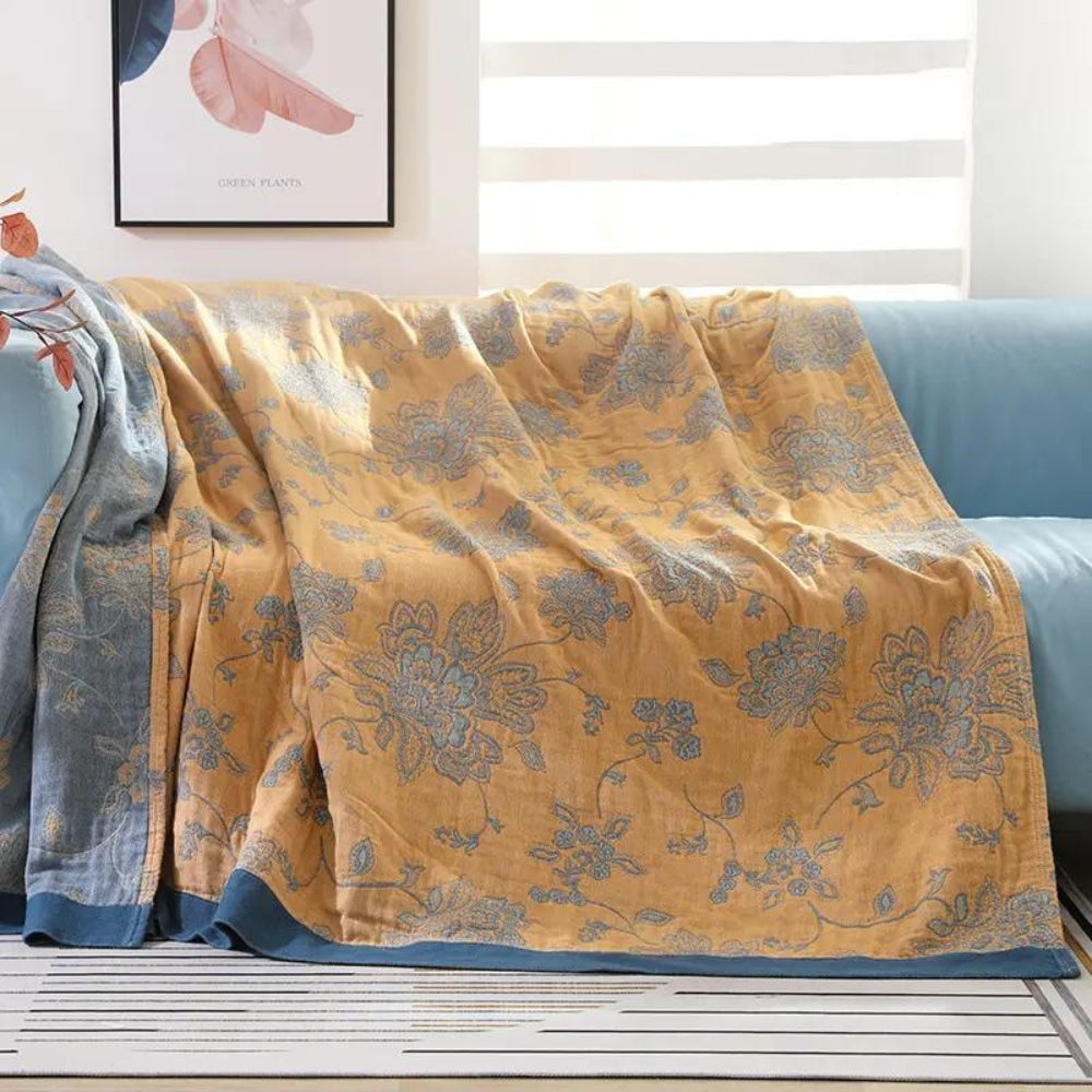 Cotton Gauze Summer Blanket with Jacquard Floral Pattern