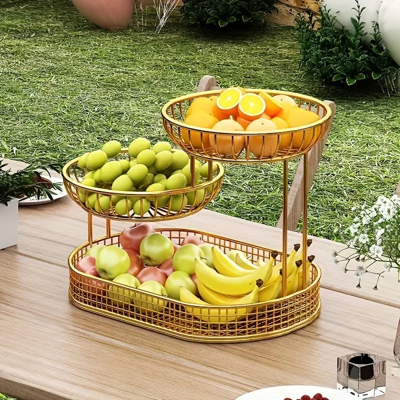 3-Tier Metal Fruit Stand, Gold Finish Serving Stand
