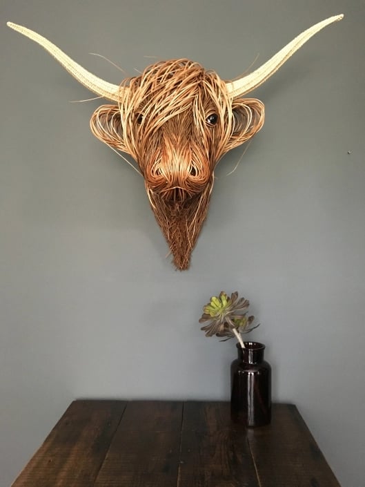 Handmade Wicker Bull Head Wall Sculpture, 63 x 53 cm