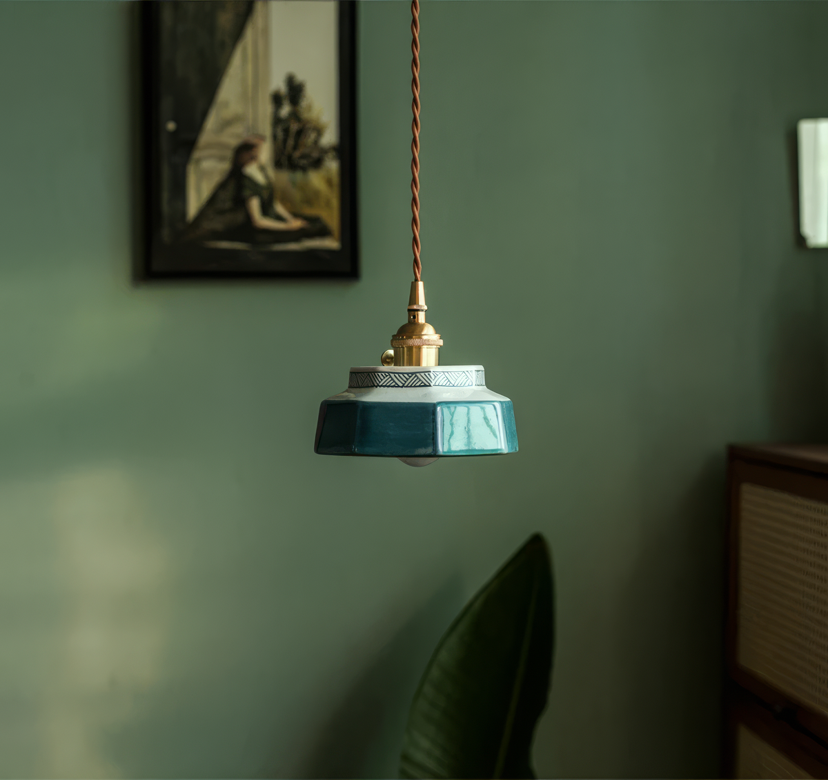 Hand-Painted Ceramic Pendant Light with Copper Fitting, 14cm