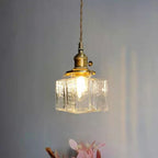 Vintage Ribbed Glass Pendant Light with Iron Frame