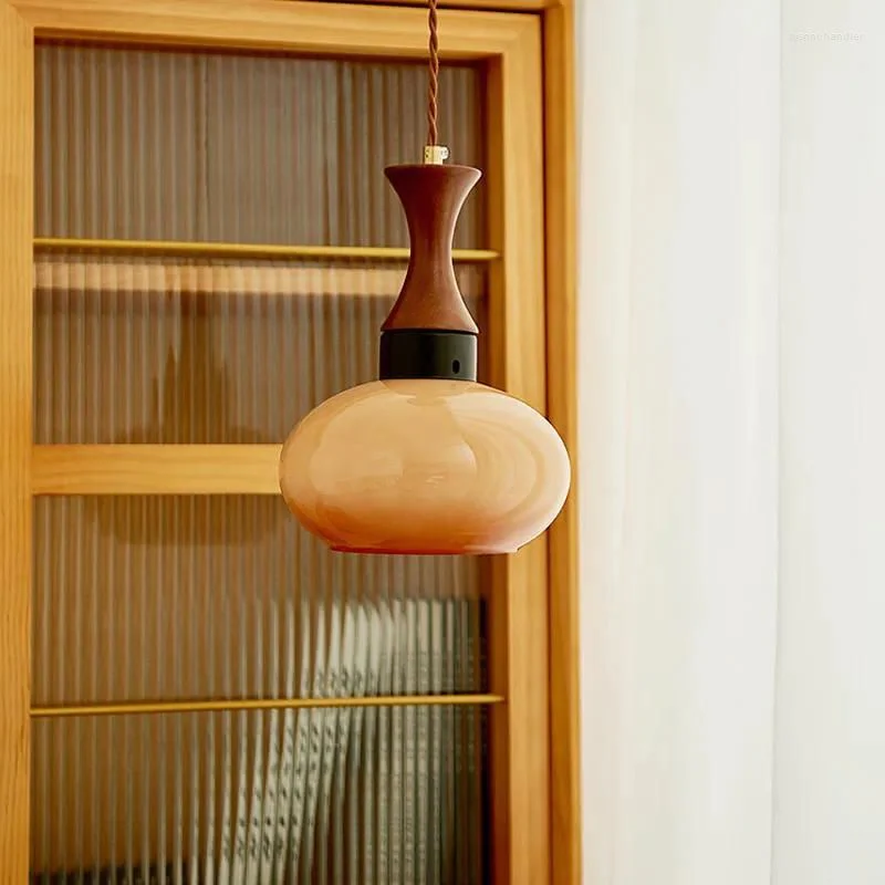Glass and Wood Pendant Light with E27 Fitting, Retro Style