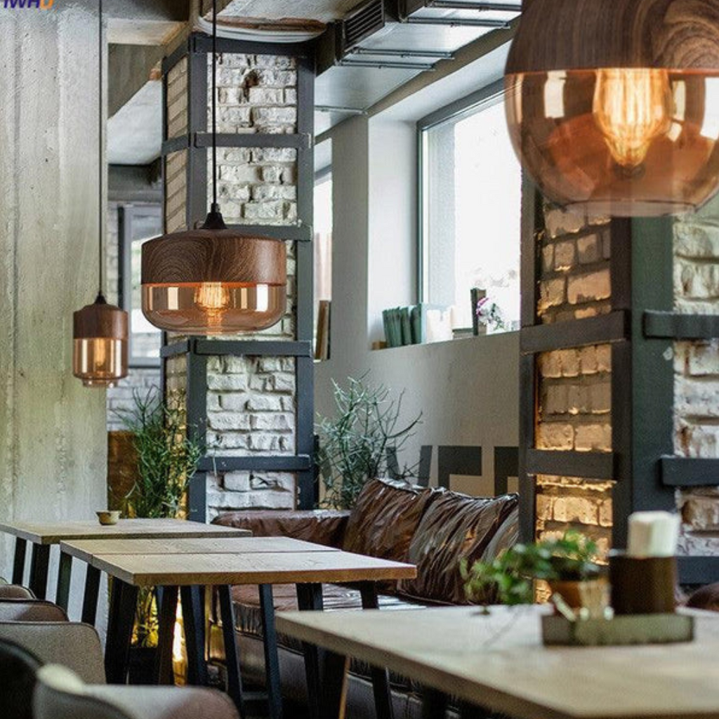Tinted Glass Pendant Light with Wood Effect Metal, E27, 150 cm Cable