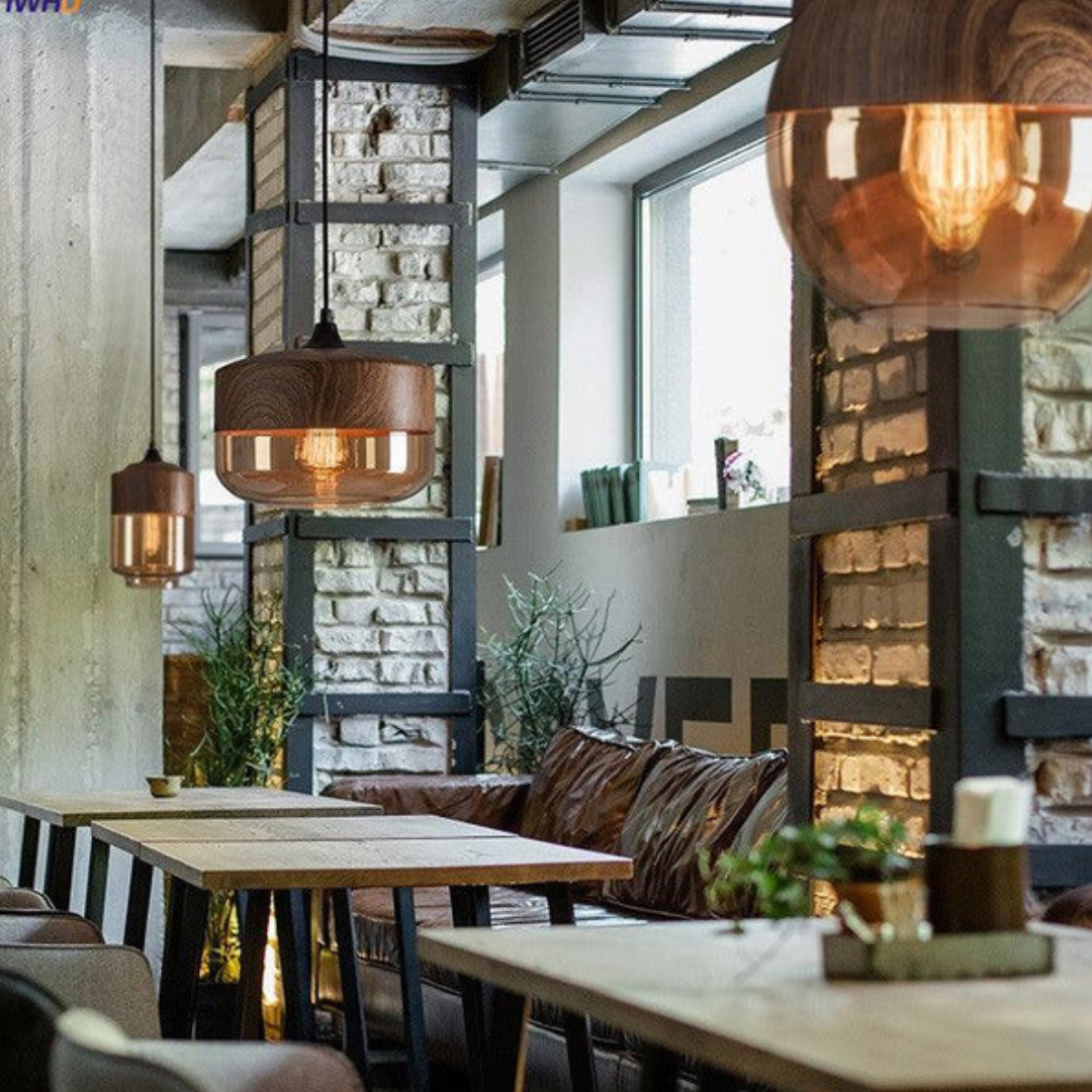 Tinted Glass Pendant Light with Wood Effect Metal, E27, 150 cm Cable