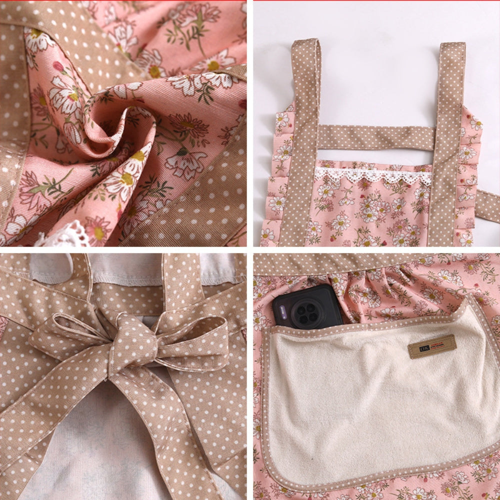 Floral Cotton Apron, Water-Repellent with Pockets, Adjustable